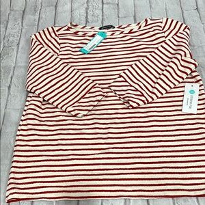 White and Red Striped Crew Neck 3/4 Sleeve T-Shirt